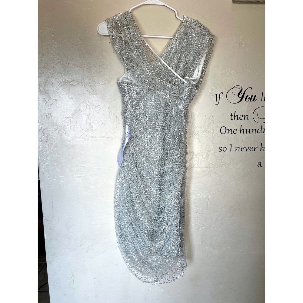 Maeve Reilly x BCBGMAXAZRIA Santa Monica Asymmetric Bodycon Mini Dress Silver 8 - Picture 7 of 13